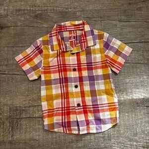 Cat & Jack Plaid Button Up Shirt Toddler Boys 18M Orange Purple Short Sleeve